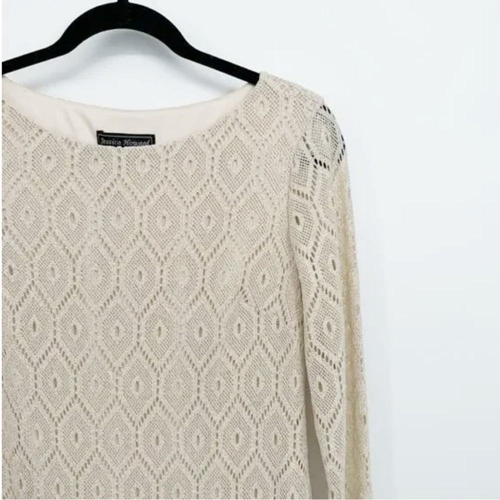 Boho Crochet Lace Dress Cream Diamond Motif 3/4 Sleeve 10P Hippie Mod - Picture 6 of 10